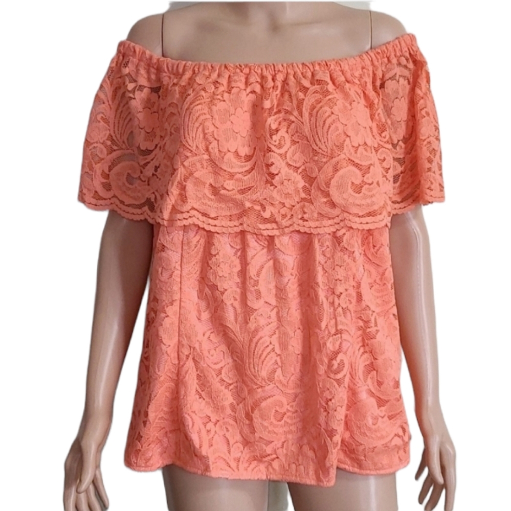 BISOU BISOU Women's Lace Top With Ruffle Off Shoulder Orange Plus Size 2X